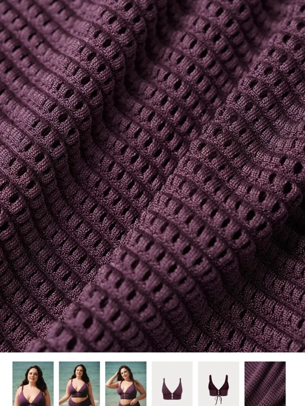 Purple Textured V Neck Plus Size Tankini Top